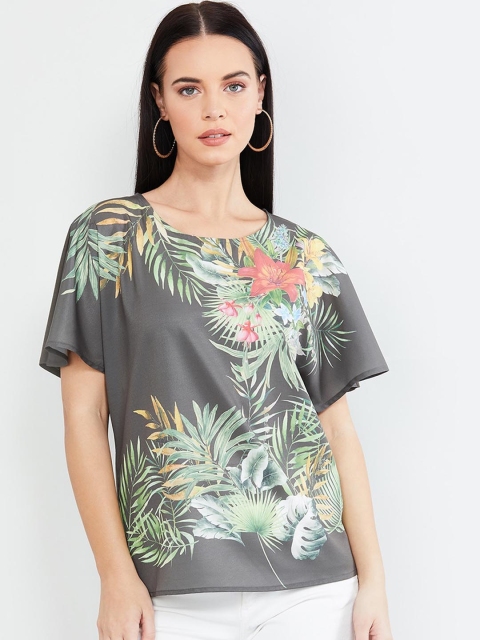 max Women Olive Green Floral Printed Top