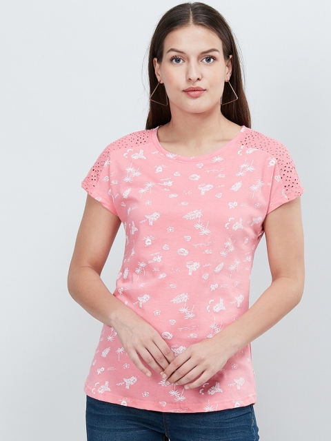 max Women Pink Printed Round Neck T-shirt