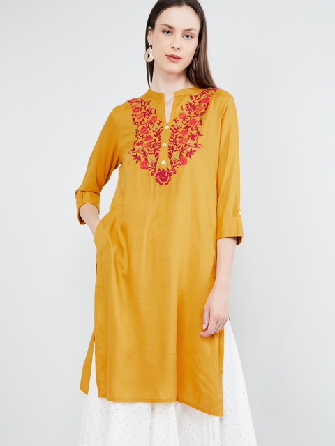 max Women Yellow Yoke Design Straight Kurta