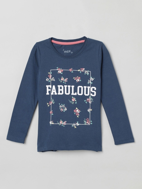 max Girls Blue Printed Round Neck T-shirt