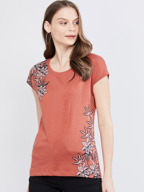 max Women Rust Red Floral Printed Round Neck Cotton T-shirt