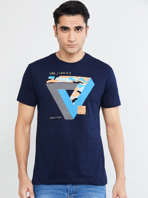 max Men Navy Blue Printed Round Neck T-shirt