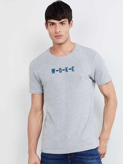 max Men Grey Melange Printed Round Neck T-shirt