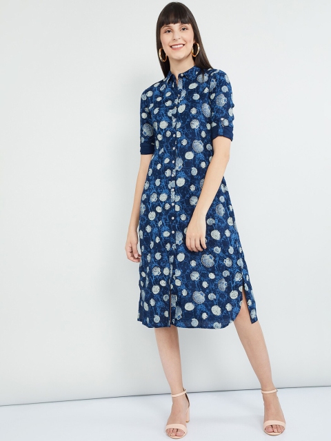 max Women Blue Printed A-Line Dress