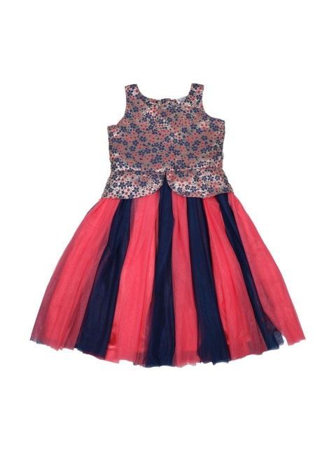 Doodle Girls Navy Blue & Peach Floral Print A-Line Dress