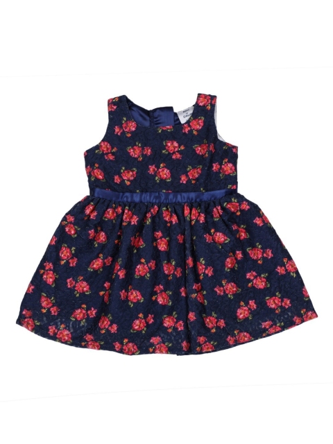 Doodle Girls Navy Blue & Red Floral Print A-Line Dress