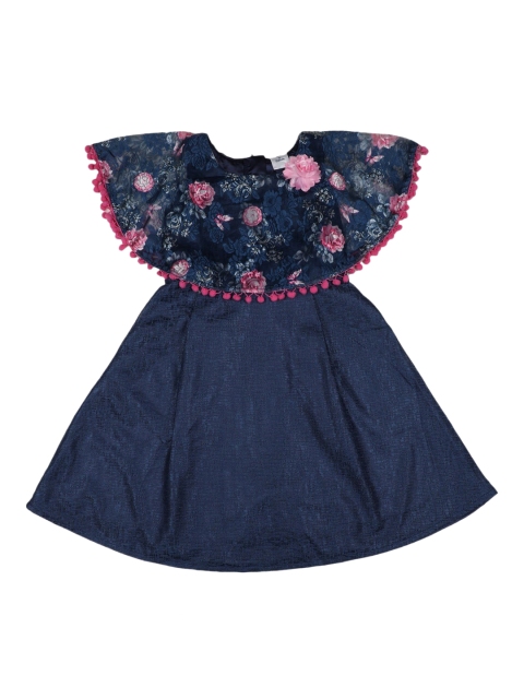 Doodle Girls Navy Blue Printed Fit and Flare Dress