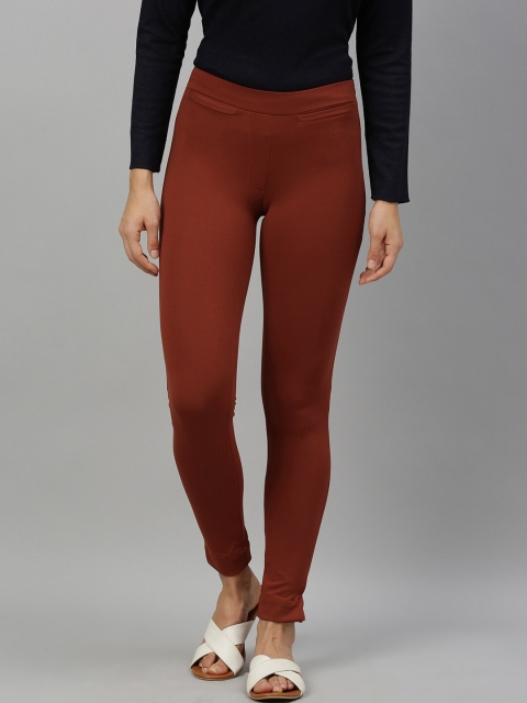 RAREISM Women Rust Orange Slim Fit Solid Leggings