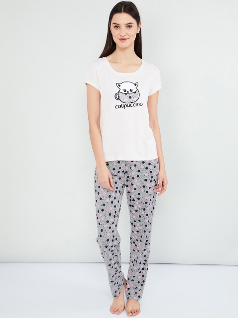 max Women White & Grey Printed Night Suit