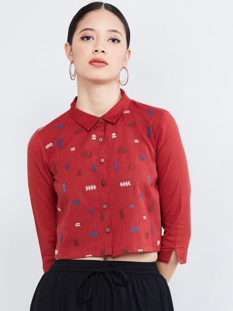 max Women Red & Blue Embroidered Shirt Style Crop Top