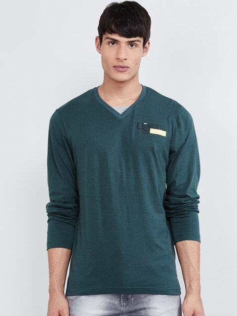 max Men Green Solid V-Neck T-shirt