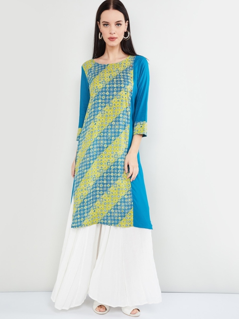 max Women Teal Blue & Lime Green Printed Straight Kurta
