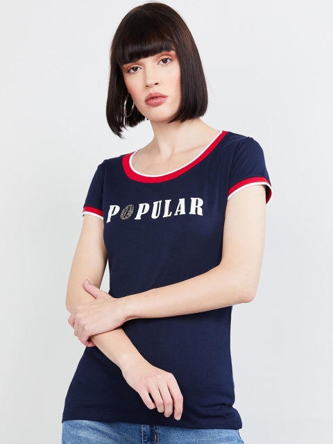 max Women Navy Blue Printed Round Neck T-shirt