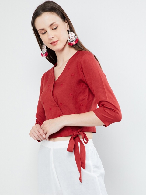 max Women Rust Red Embroidered Wrap Top
