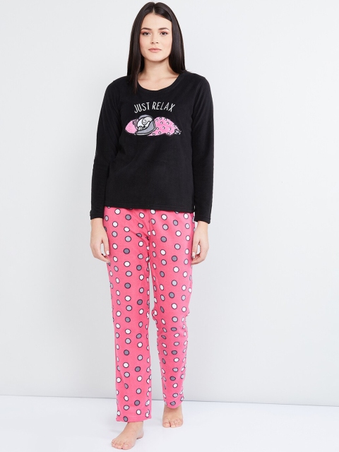 max Women Black & Pink Printed Night Suit