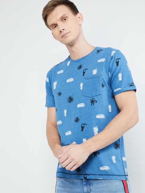 max Men Blue Printed Round Neck T-shirt