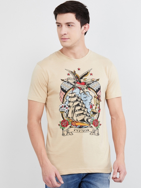 max Men Beige Printed Round Neck T-shirt