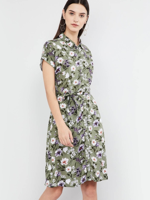 max Women Olive Green Floral Printed Shirt Dress