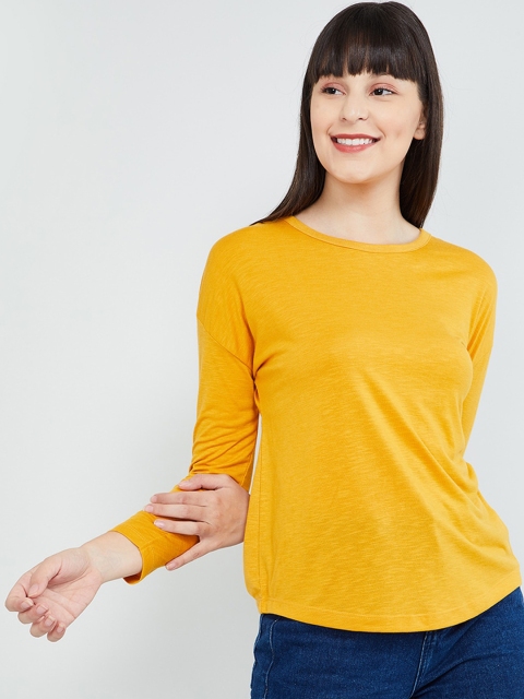 max Women Yellow Solid Round Neck T-shirt
