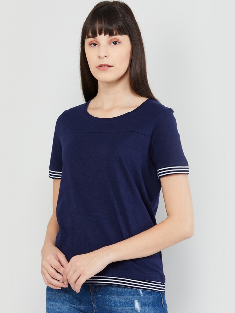 max Women Navy Blue Solid Round Neck T-shirt