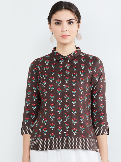 max Women Brown Printed Shirt Style Top