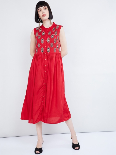max Women Red & Blue Embroidered Shirt Dress