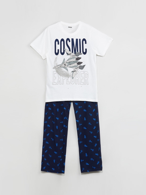 max Boys White & Blue Printed Night suit