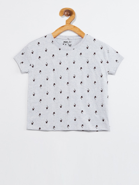 max Girls Grey & Black Printed Round Neck T-shirt