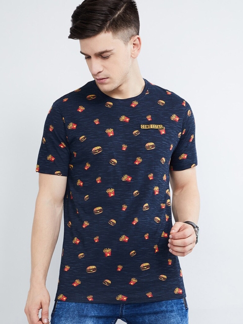 max Men Blue & Yellow Printed Round Neck T-shirt