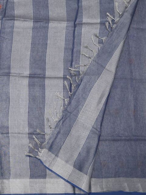 Pothys Blue & White Pure Linen Striped Saree