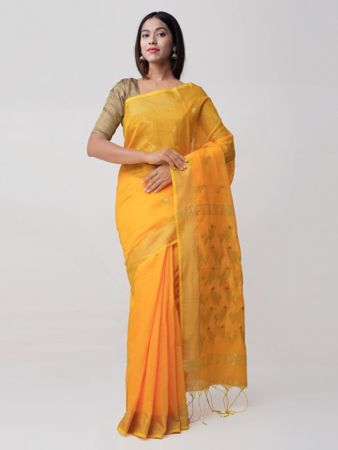 Unnati Silks Yellow Pure Linen Woven Design Handloom Jamdani Bengal Saree
