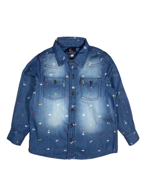 KiddoPanti Boys Blue Standard Regular Fit Denim Faded Casual Shirt