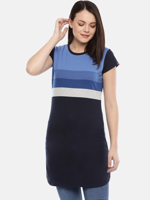 GOLDSTROMS Women Navy Blue & White Striped Round Neck Longline T-shirt