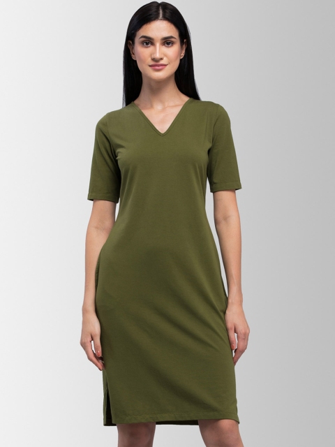FableStreet Women Olive Green Solid V-Neck Shift Dress
