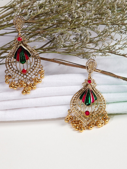 ZeroKaata Gold-Plated Green & Red Handcrafted Teardrop Shaped Drop Earrings