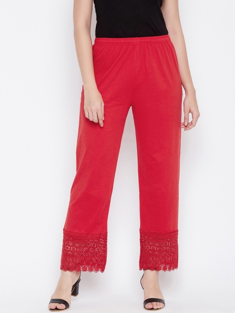 Castle Women Red Relaxed Straight Leg Loose Fit Lace Embroidered Solid Regular Trousers