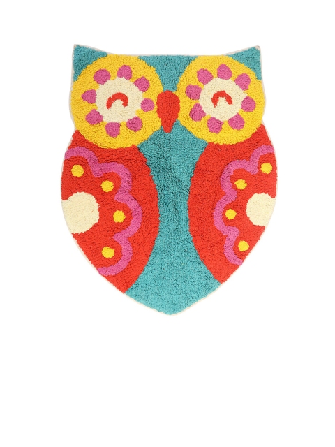 Chumbak Teal Blue & Red Printed Bohemian Garden Owl Bath Rug