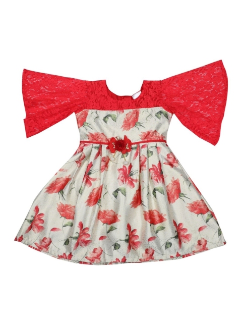 Doodle Girls Red & White Floral Printed Fit and Flare Dress