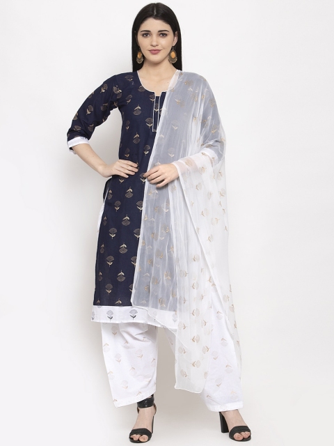 Clora Creation Women Navy Blue & White Printed Kurta with Salwar & Dupatta