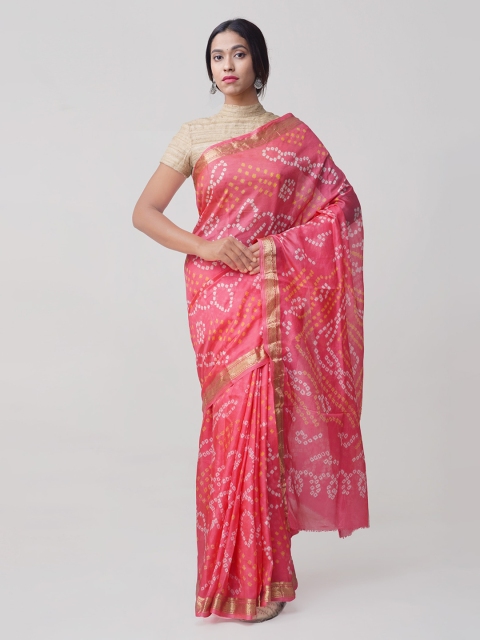 Unnati Silks Pink Pure Silk Woven Design Bandhani Saree