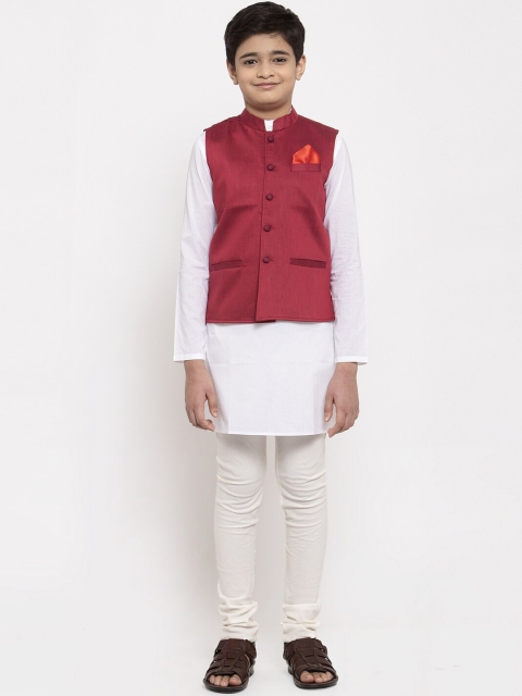 NEUDIS Boys White & Maroon Solid Kurta with Churidar & Nehru Jacket