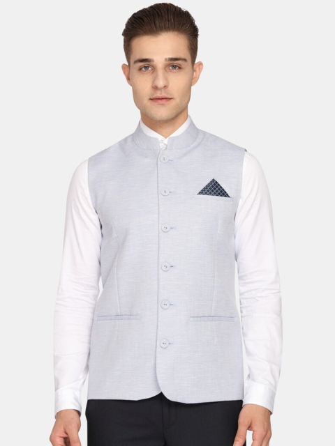 Theme Men Blue Solid Woven Nehru Jacket