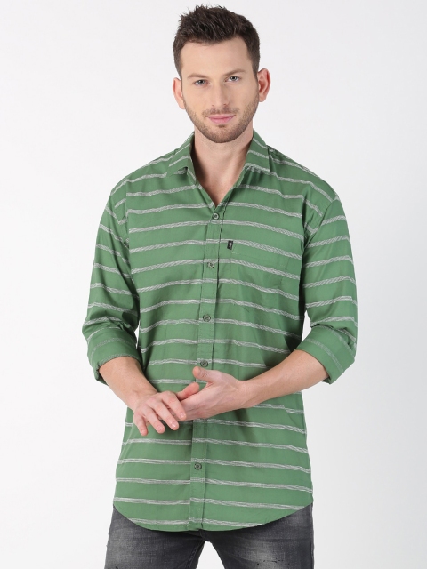 LEVIZO Men Green & White Premium Classic Fit Striped Casual Shirt