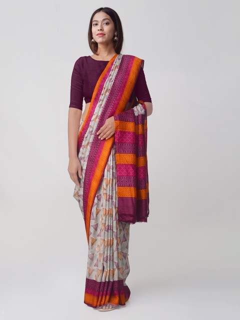 Unnati Silks Cream-Coloured & Purple Pure Silk Printed Tussar Saree