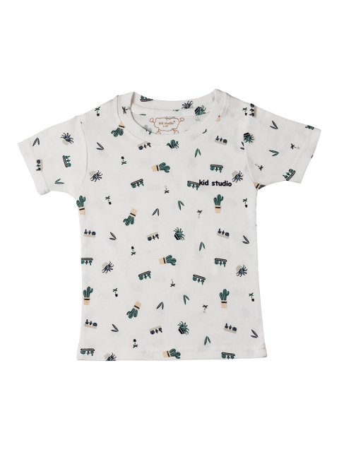 Kid Studio Boys White Printed Round Neck T-shirt
