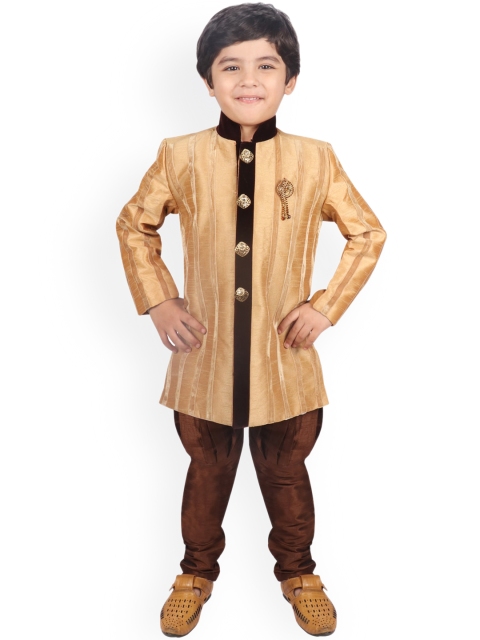 SG YUVRAJ Boys Beige & Brown Self Striped Kurta with Churidar