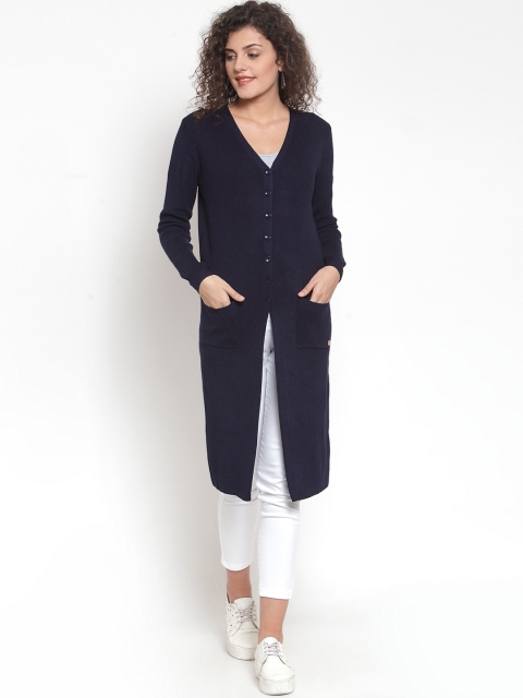 Global Republic Women Navy Blue Solid Woolen Overcoat