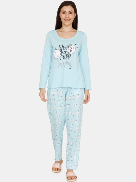 Zivame Women Blue Printed Night suit