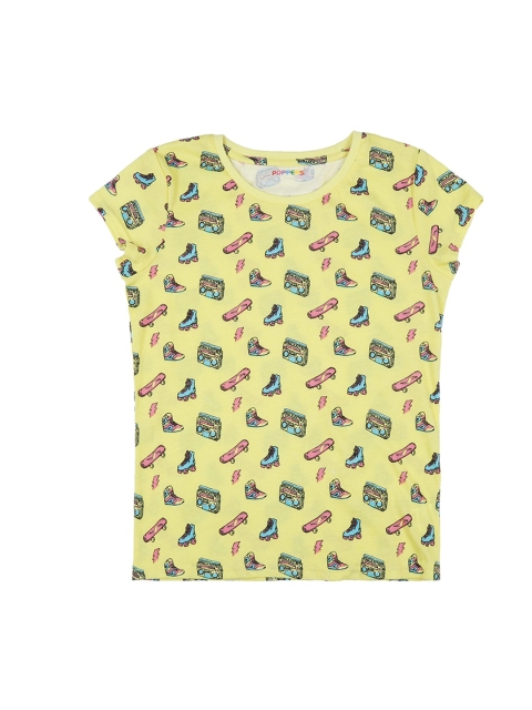 POPPERS by Pantaloons Girls Yellow Blue Printed Round Neck Pure Cotton T-shirt