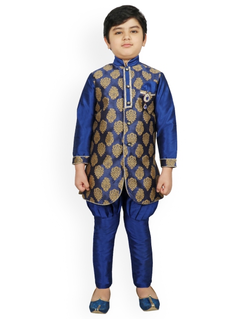 SG YUVRAJ Boys Blue & Gold-Toned Printed Raw Silk Kurta with Churidar